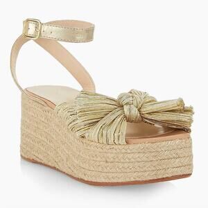 Loeffler Randall Gaby Pleated Gold Bow Espadrille Platform Sandals, Size 6.5